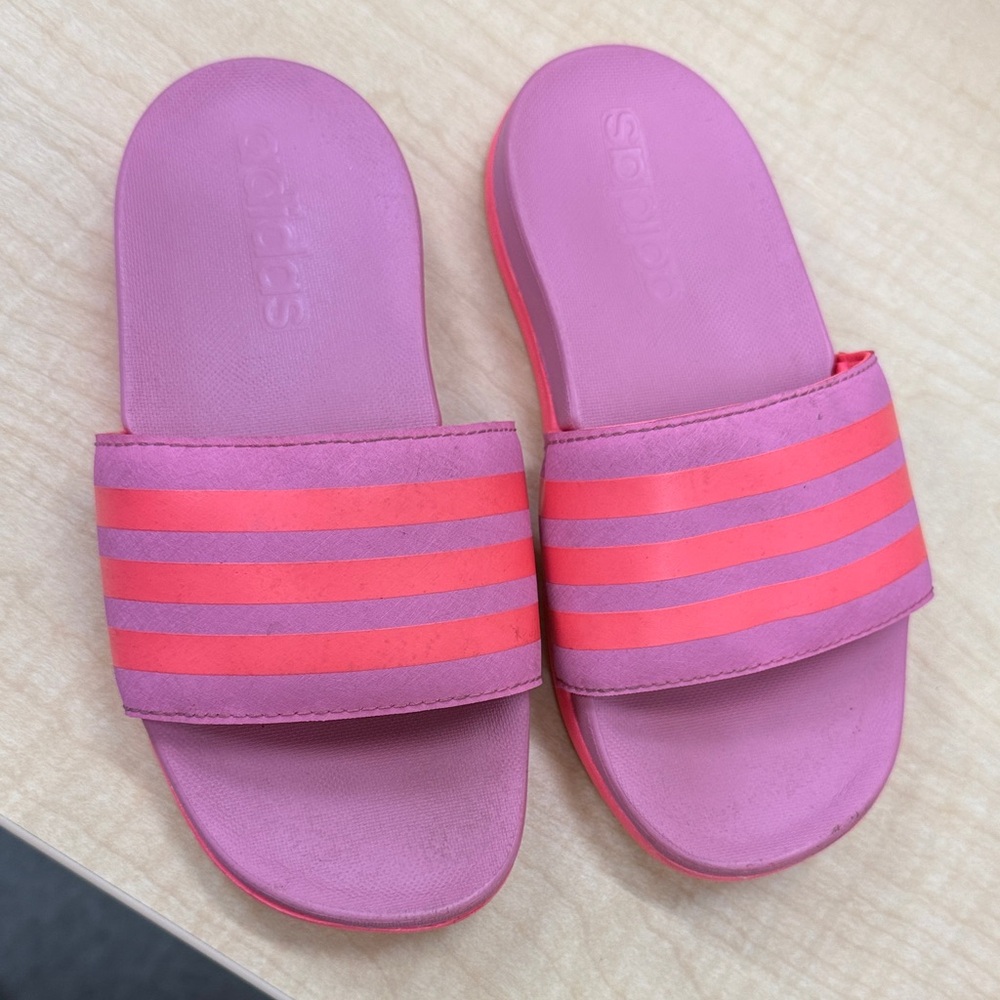 Adidas Vibrant Pink Slides with Orange Stripes